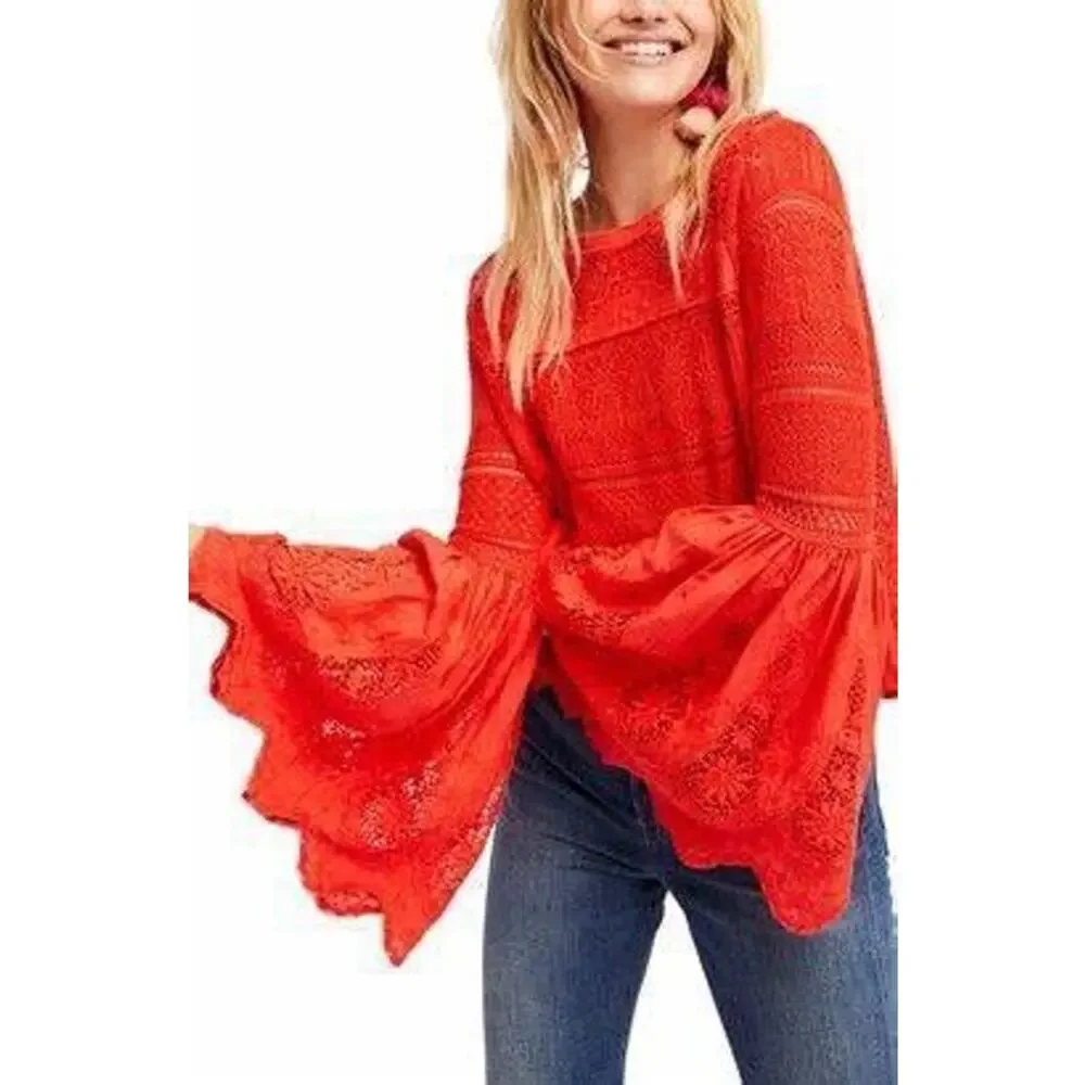 Free People Red Once Upon A Time Linen Crochet Bell Sleeve Top Size M